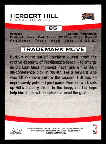2007-08 Topps Trademark Moves #85 Herbert Hill Rookie #d/1999! SIXERS - Imagen 2 de 2