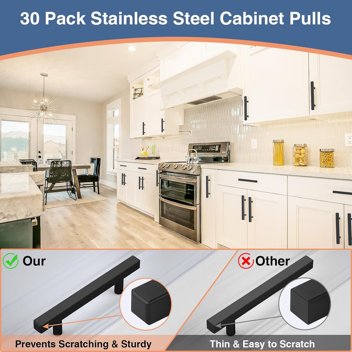 Ravinte Paquete De 25 Manijas Cuadradas De Gabinete De Cocina De 6-14 Pulgadas, Color Negro Mate Tiradores De Cajon De Acero Inoxidable Accesorios