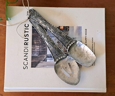 Vintage Scandi Rustic Pewter Serving Utensil Set Spoon Slotted Handmade