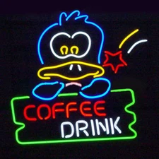 Coffee Drink Cartoon Duck Real Glass Neon Sign Wall Hanging Nightlight 24"x24"