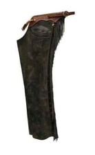 Men Native Western Cowboy Suede Leather Pant Rodeo Style  Fringes Black Chap