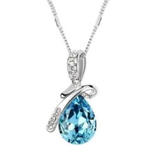 NEW Blue Crystal Tear Drop Silver Plated Necklace Pendant - Perfect Gift