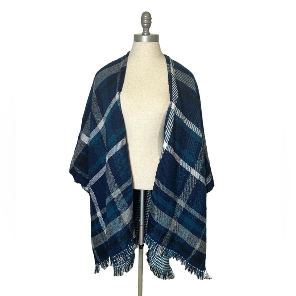 Steve Madden Azul Turquesa Reversible Cuadros Pata de Gallo Chal Bufanda Envoltura Foto 2 de 4