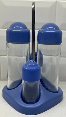 Condiment Caddy Set Retro Modern Vintage 70 s Abert Italy Blue Plastic & Glass