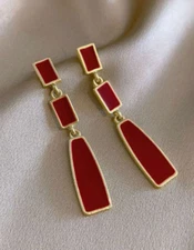 Long Red Enamel Clip On Earrings Gold Drop Dangle Womens Jewelry