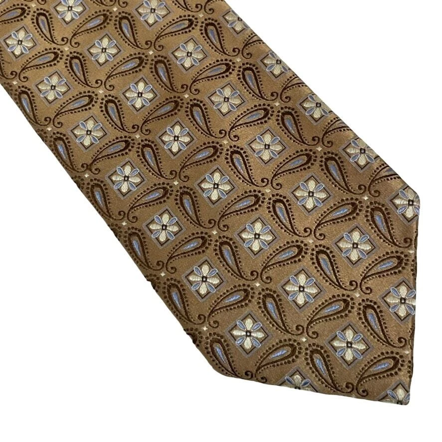 Ermenegildo Zegna Men's Necktie Tie" Silk Gold Blue Paisley Geometric Pattern - Image 2 of 4