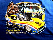 NEW! Tom "THE MONGOOSE" McEwen 1977 English Leather CORVETTE SMALL BLUE T-Shirt