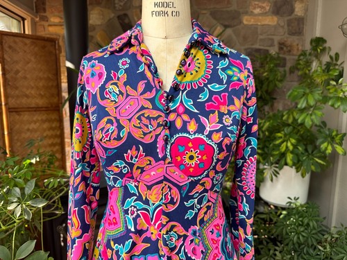 Vintage 1970s Blue Psychedelic Abstract Jersey Knit Mini Dress Joni Lord Taylor - Picture 2 of 10