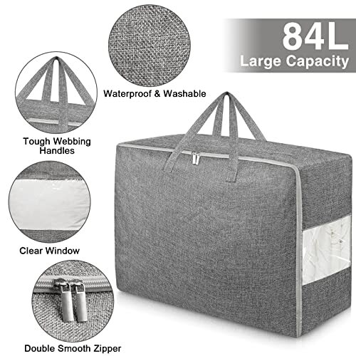 2Pack 84L Large Storage Bags, Folding Moving Comforter Blanket 2 Pack Grey-84L - Picture 3 of 6