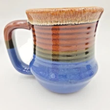 Vtg. Stoneware Mug Drip Glaze with Rows of Brown Blue Green 12 oz Made in Taiwan