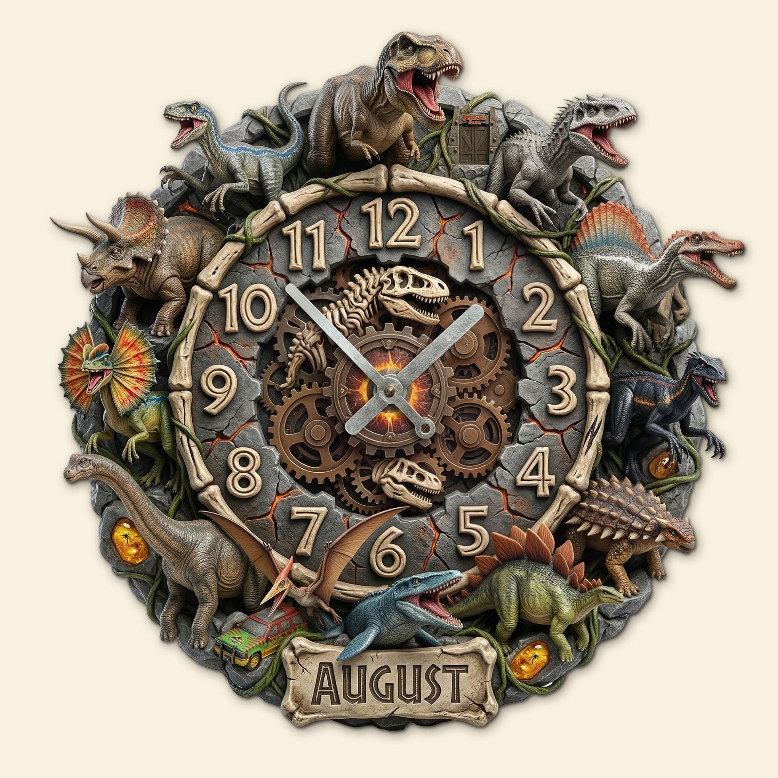 Personalized Dinosaur Wall Clock Custom Name Kids Room Decor Dino Gift for Boys
