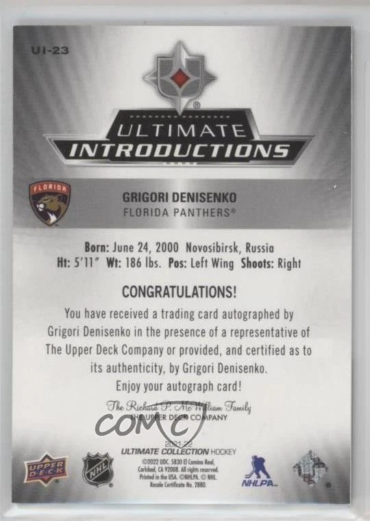 2021 Ultimate Collection Introductions Gold /50 Grigori Denisenko Rookie Auto RC - Image 2 of 2