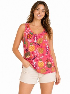 White Stag Womens Tank Top XL Pink Tropical Tiki Print Sleeveless