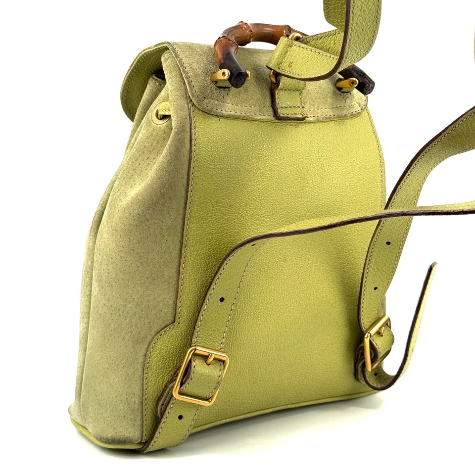 GUCCI Vintage Suede Leather Bamboo Backpack Drawstring Shoulder Bag Green Auth - Image 4 of 4