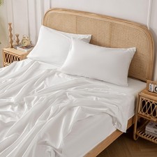 White 100 Washed Cotton Linen Feel Sheet Set King Size, 4 Pieces Deep Pocket...