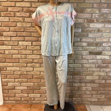 Vanity Fair Nylon Satin PJ Button Front Blue Peach Appliqued 1960s Womens Medium