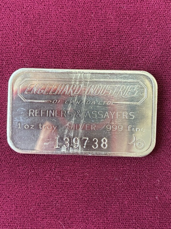 Engelhard Industries of Canada LTD 1 oz .999 Silver Bar - Blank Back 6 Digit SN