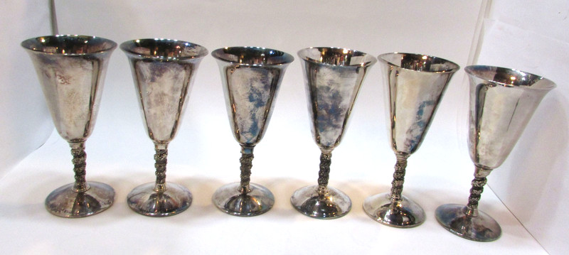 Set Six Vintage Valero Spain Silverplate 7" Tall Old Wine Glasses Chalices E