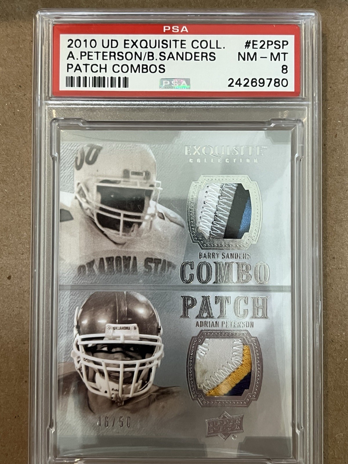 Barry Sanders Adrian Peterson 2010 UD Exquisite  Dual Game Worn Patch /50 PSA 8