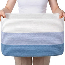 70L Large Woven Blanket Basket for Living Room, Gradient Blue