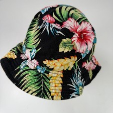 MCG Tropical Hibiscus Pineapple Girls Bucket Hat L Black Floral Summer
