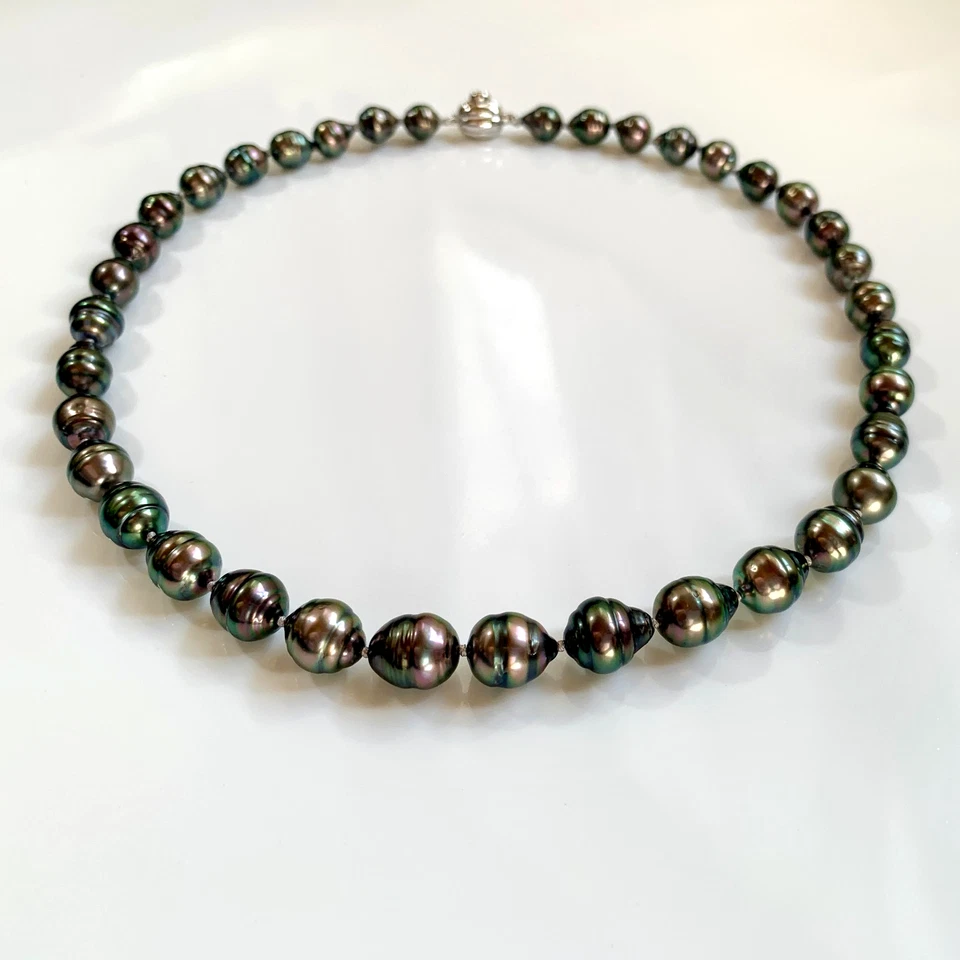 Collana di perle di Tahiti barocche verde-viola 8-11 mm argento sterling Clap... - Immagine 2 di 4