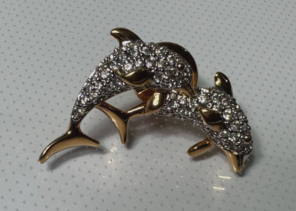dolphin28☆スワロフスキー SWAROVSKI 2 DOLPHIN PIN BROOCH PAVE CRYSTAL RHINESTONE GOLD SILVER