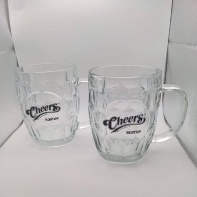 (2) Cheers Boston Clear Glass Beer Mug Thumb Dimple Barrel 16oz 5'' Luminarc