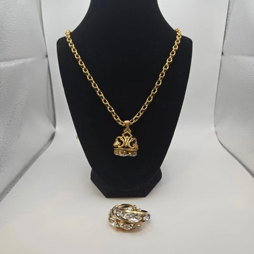 Vintage Miriam Haskell Gold Chain and Crystal Necklace w/ Matching Earrings