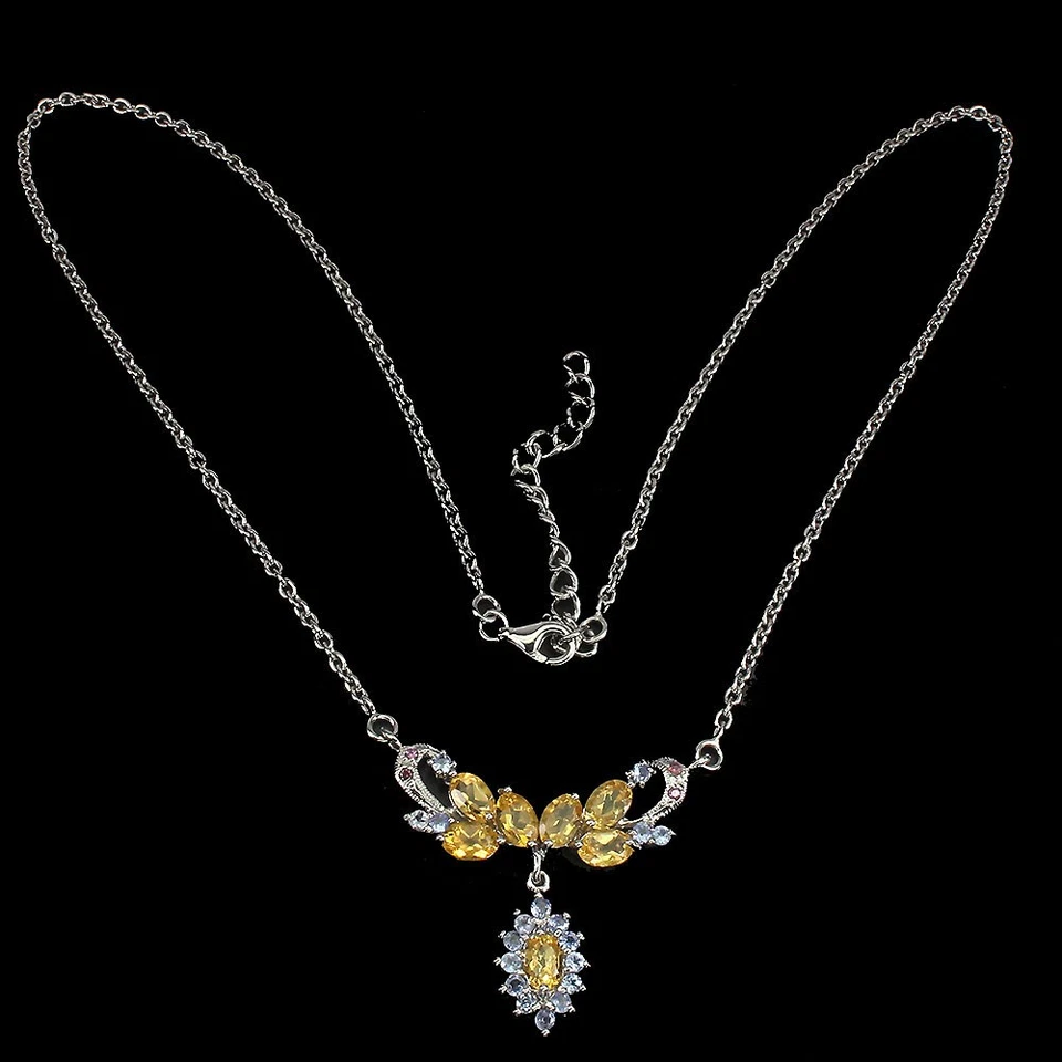 925 Argento Sterling Collana Ovale Citrino Rodolite Tanzanite Naturale Gemma 1 - Immagine 2 di 4