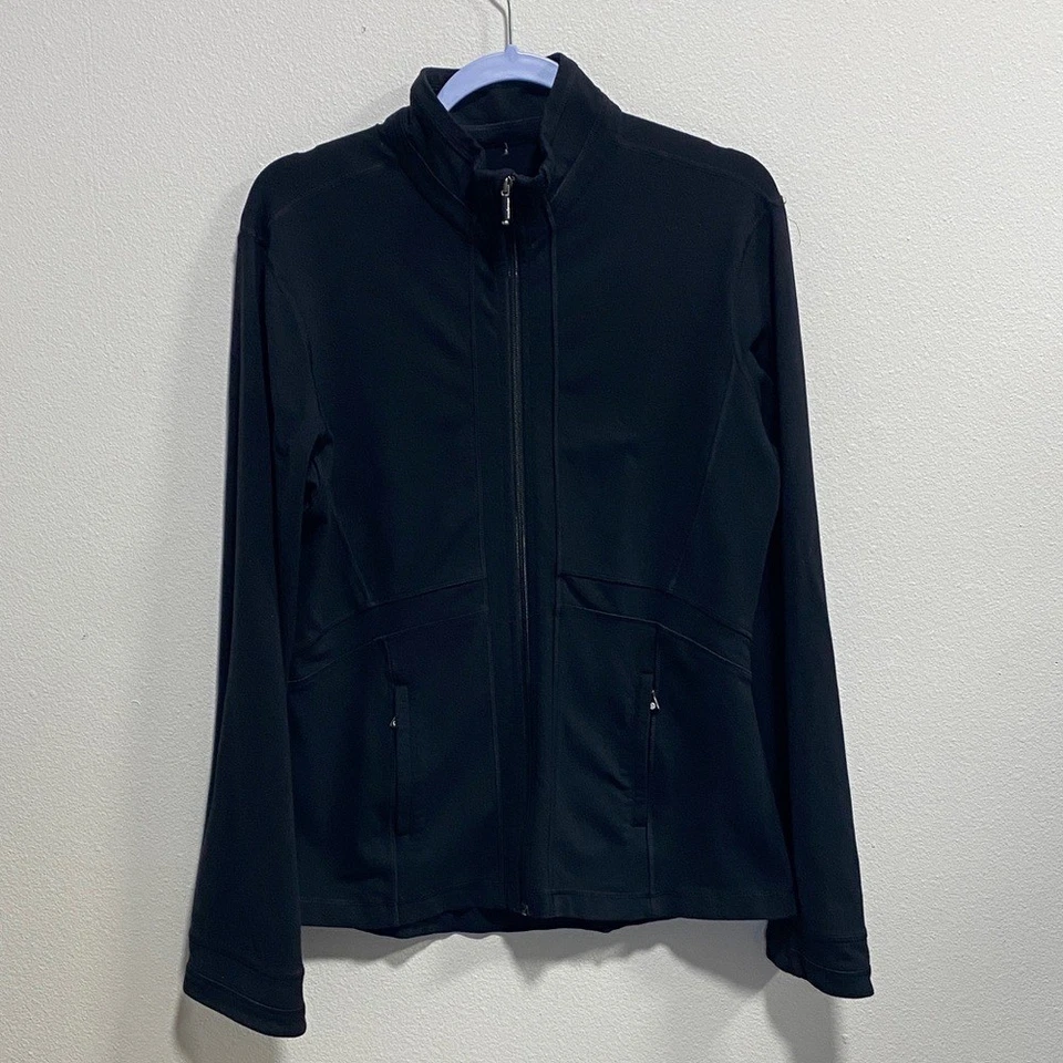 Jaqueta feminina Lululemon preta Luon zíper completo tamanho 12 bolsos de malha nas axilas - Imagem 3 de 4