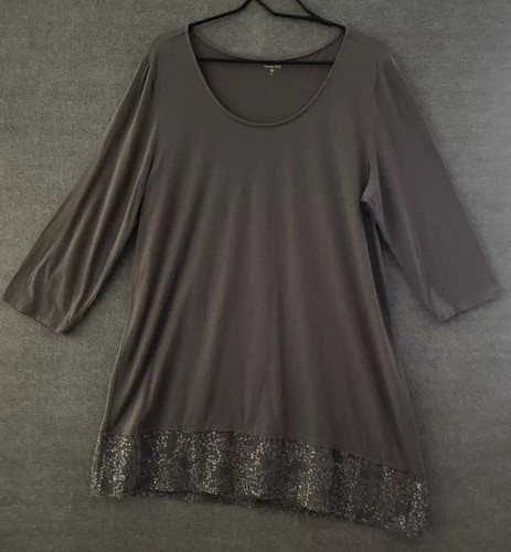 Garnet Hill Women's Size XL Brown Sequin Cotton 3/4 Sleeve Knit Top EUC
