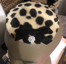 Retro Black/Beige Dalmatian Faux Fur w/ Felt Bow Mini Cap Fascinator Hair Clip