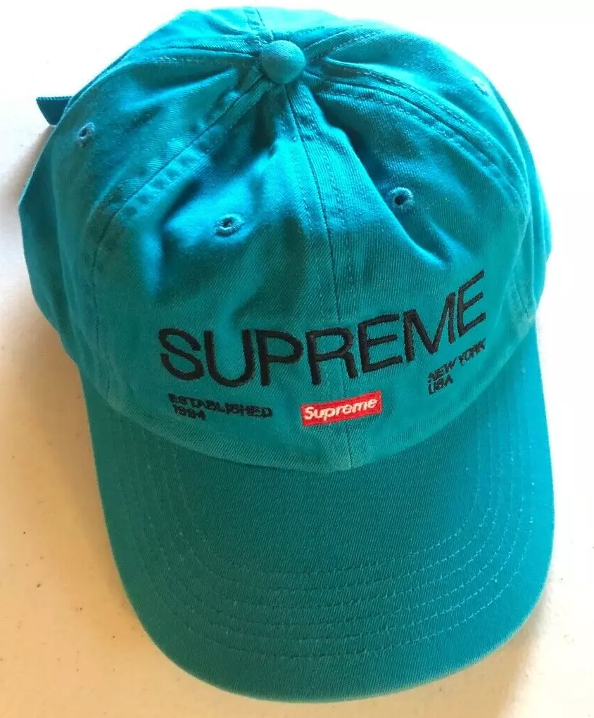 Chapeau Supreme EST 1994 6 panneaux sarcelle OS FW21 brodé strapback fabriqué aux États Unis
