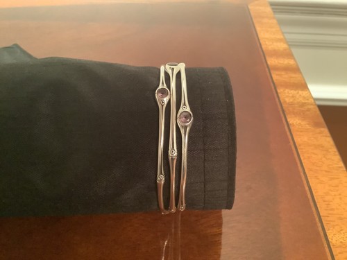 John Hardy Sterling Silver Set of 3 Bamboo Bangle Bracelets With Amythest Stones - Picture 2 of 3