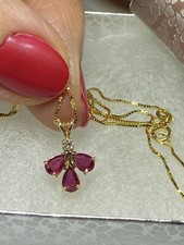 Ruby Diamond 14K Yellow Gold Three Leaf Clover Pendant Necklace