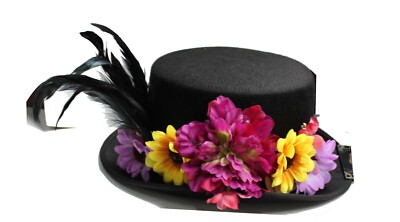 4.5'' Halloween DOD High Top Hat Victorian Flowrs Top Hat Veil Feathers One Size