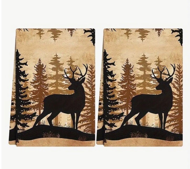 Set of 2 Deer Stag Tree Cabin Fleece Ultra Absorbing Cottage Tea Kitchen Towels