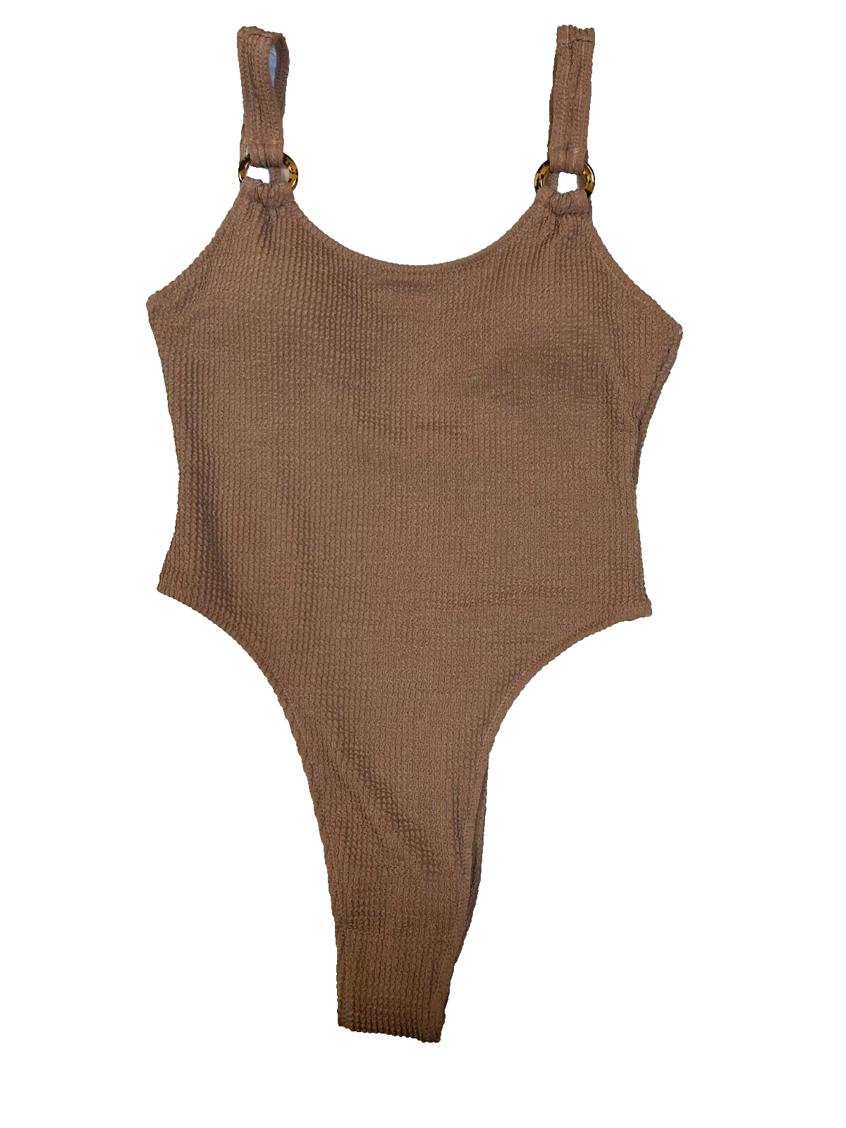 Tan Crinkle Stretch One-Piece Swimsuit with Soft Cups & High Leg Cut - Size M-image