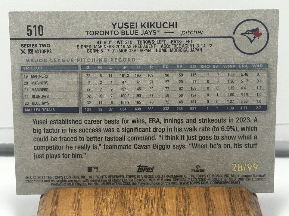 2024 Topps Series 2 - Vintage Stock #510 Yusei Kikuchi /99 - Image 2 of 2