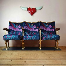 Refurbished vintage cinema seats in Lynx Navy fabric, three seater version