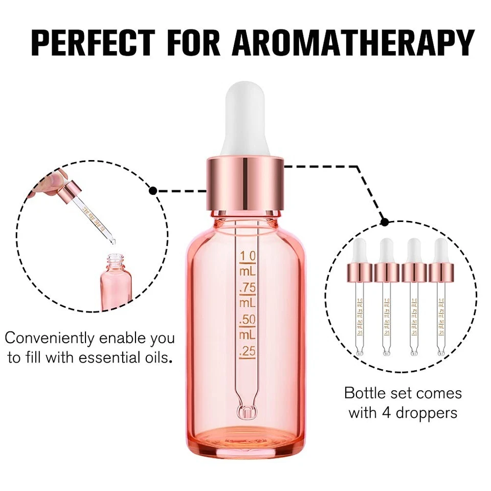 Botellas cuentagotas de vidrio rosa de 1 oz aptas para viajes para artículos esenciales hágalo usted mismo - listas para regalo Foto 4 de 4