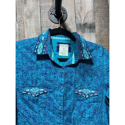 Camicia western Panhandle slim blu stampa all over ricamata perla snap - Foto 2 di 8