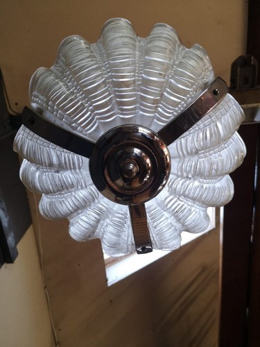 Vintage Art Deco Hanging Pendant Clam Shell Frosted Glass Chrome Light Shade - Picture 6 of 16
