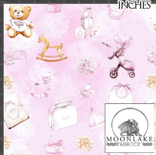 Nursery fabric with baby items in blue or pink blends Fabric 100% Cotton 130gsm - Picture 2 of 6