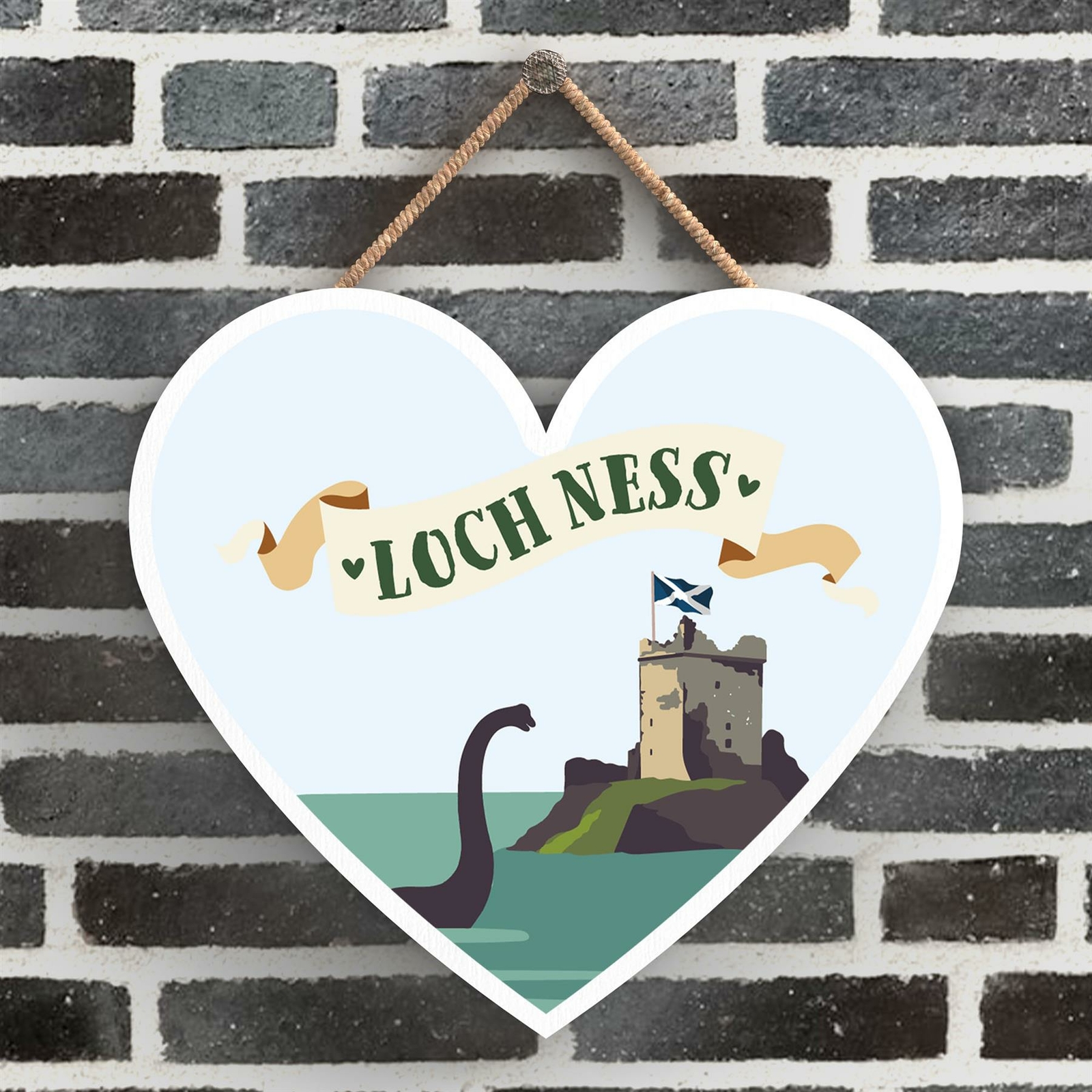 LOCH NESS MONSTER HEART SCOTLAND THEME WOODEN HANGING PLAQUE