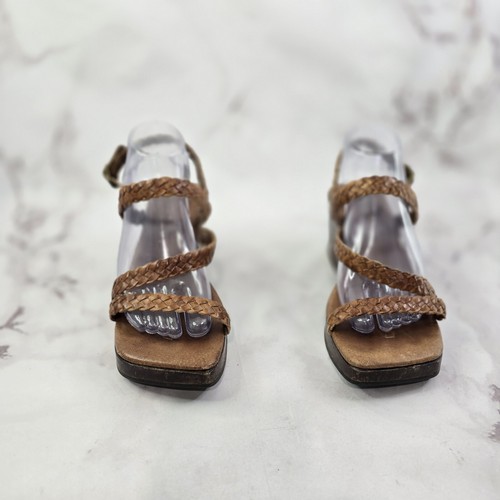 Vintage Heels 90s Y2K Women 9.5 M Brown Leather Braided Square Toe Wood Shoe - Picture 3 of 15