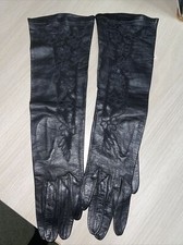 VINTAGE MADOVA LADIES LONG 14" GLOVES REAL KID LANABILE BLACK EMBROIDERY SIZE-6