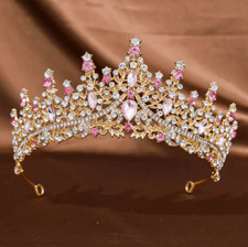 Wicked Silk Prom, Quinceanera Jeweled Crown Tiara Headband - Golden Pink