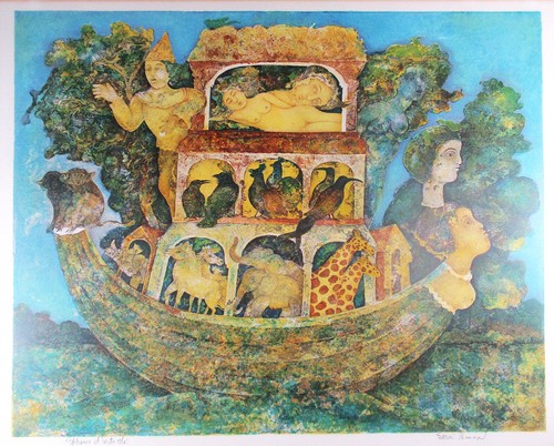 COLORED LITHOGRAPH BY SAKTI BURMAN, INDIAN-FRENCH ARTIST, NOAH'S ARK FANTASY - Picture 2 of 8